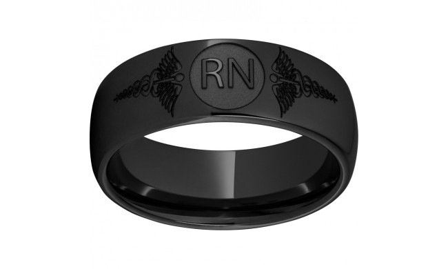 Black Diamond Ceramic Domed Band with Laser Engraving of Caduceus & Registered Nurse Initials