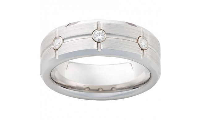 Serinium Beveled Edge Band with Three .06 Round Brilliant Diamonds, Rectangular Grooves and Satin Finish