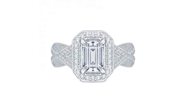 Shah Luxury 14K White Gold Emerald Cut Diamond Halo Engagement Ring with Split Shank (Semi-Mount)