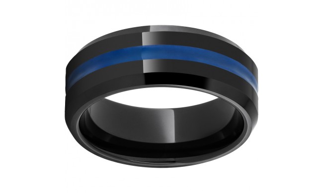 Black Diamond Ceramic Beveled Edge Band with Thin Blue Line Inlay