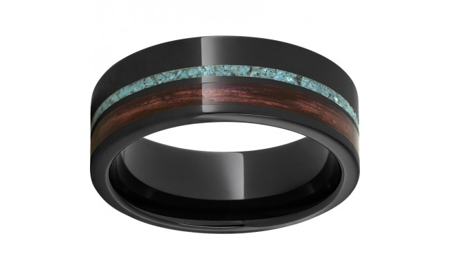 Black Diamond Ceramic Pipe Cut Band with Off-Center Cabernet Barrel Aged Inlay and Turquoise Inlay