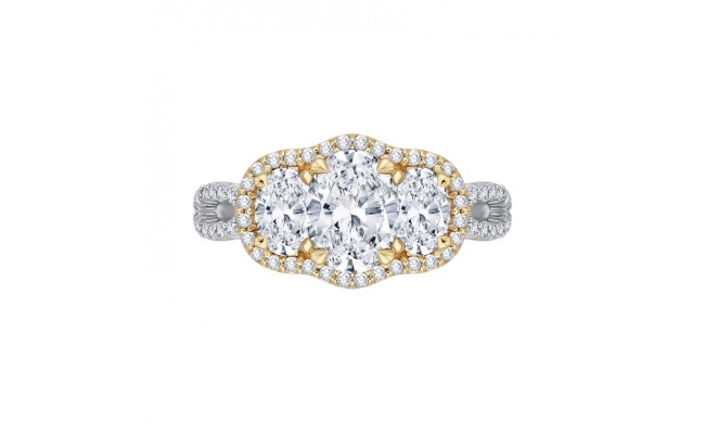 Shah Luxury 14K Two-Tone Gold Oval Cut Diamond Three-Stone Halo Engagement Ring (Semi-Mount)