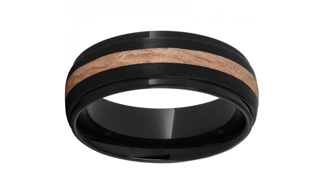 Black Diamond Ceramic Domed Grooved Edge Band with a 2mm 14K Rose Gold Bark Finish Inlay and Stone Finish