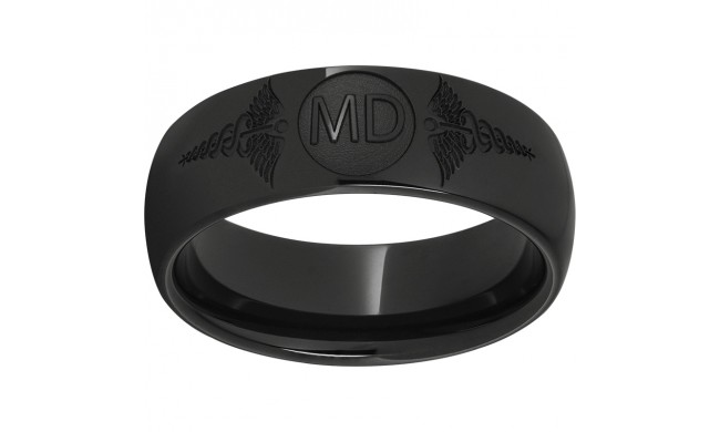 Black Diamond Ceramic Domed Band with Laser Engraving of Caduceus & Medical Doctor Initials
