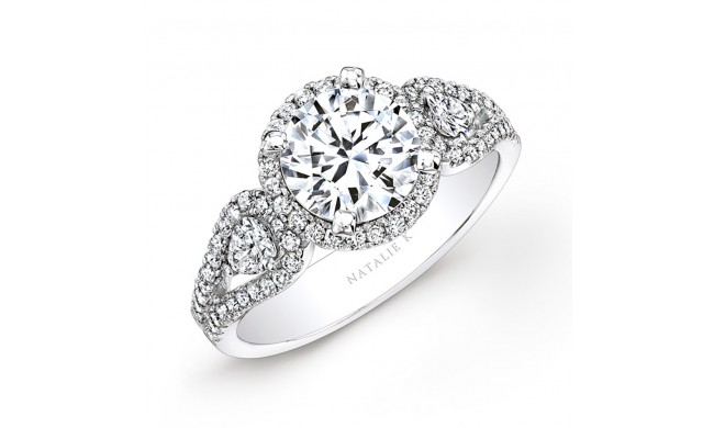 14k White Gold White Diamond Halo Engagement Ring with Pear Shaped Side Stones