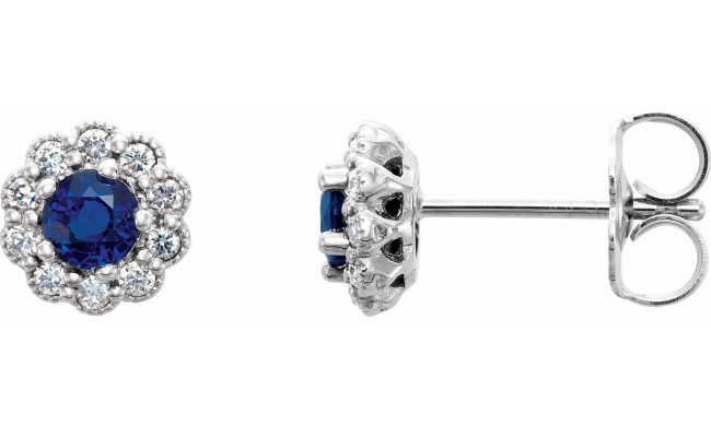 14K White 3.2 mm Round Blue Sapphire & 1/6 CTW Diamond Earrings