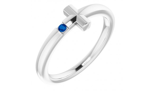 14K White Youth Blue Sapphire Sideways Cross Ring