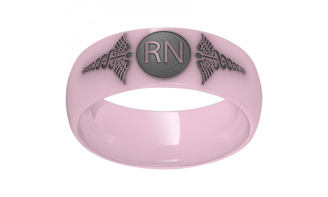 Pink Diamond Ceramic Domed Band with Laser Engraving of Caduceus & Registered Nurse Initials