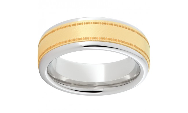 Serinium Pipe Cut Band with a 5mm 14K Yellow Gold Inlay with Florentine Finish and Milgrain Texture