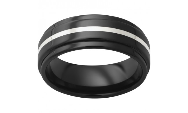 Black Diamond Ceramic Flat Band with Grooved Edges and a 1mm Sterling Silver Inlay