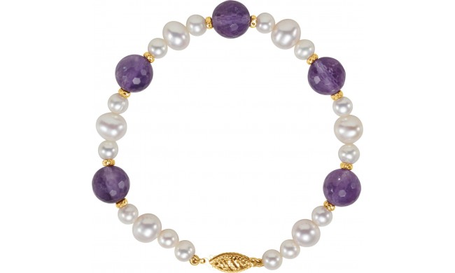 14K Yellow Freshwater Cultured Pearl & Amethyst 7.5 Bracelet