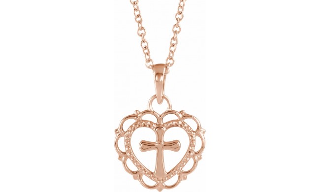 14K Rose Youth Heart with Cross 16-18 Necklace