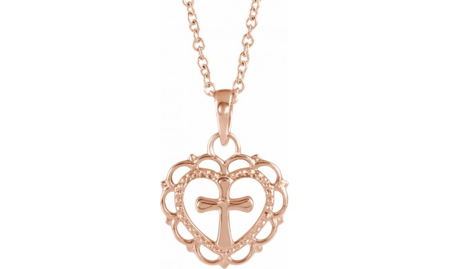 14K Rose Youth Heart with Cross 16-18 Necklace