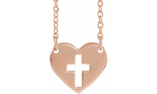 14K Rose Pierced Cross Heart 16-18 Necklace