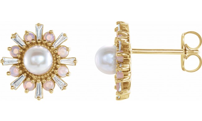 14K Yellow Akoya Pearl, White Opal & 1/6 CTW Diamond Earrings