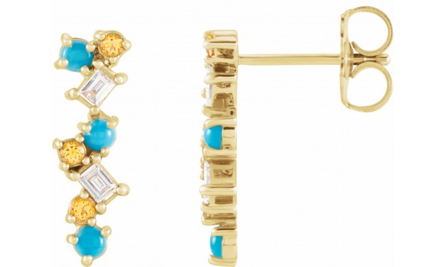 14K Yellow Turquoise, Honey Topaz & 1/10 CTW Diamond Scattered Bar Earrings