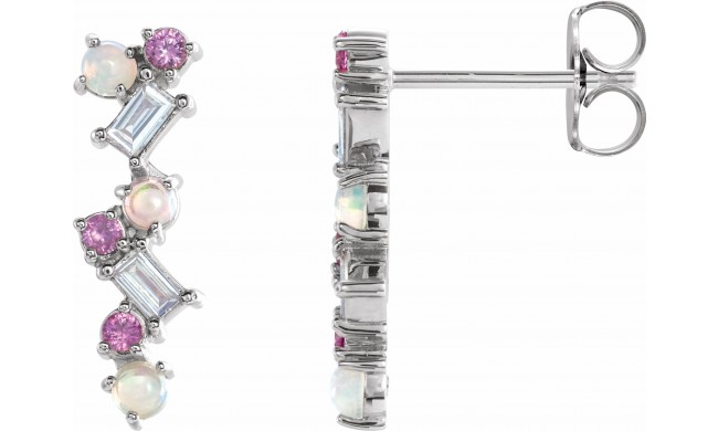 14K White Ethiopian Opal, Pink Sapphire & 1/10 CTW Diamond Scattered Bar Earrings
