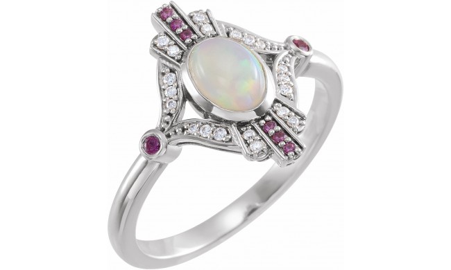 14K White Cabochon Ethiopian Opal, Pink Sapphire & .06 CTW Diamond Ring