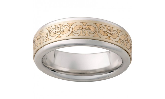 Serinium Pipe Cut Band with a 5mm 14K Yellow Gold Inlay and Fleur de Lis Laser Engraving