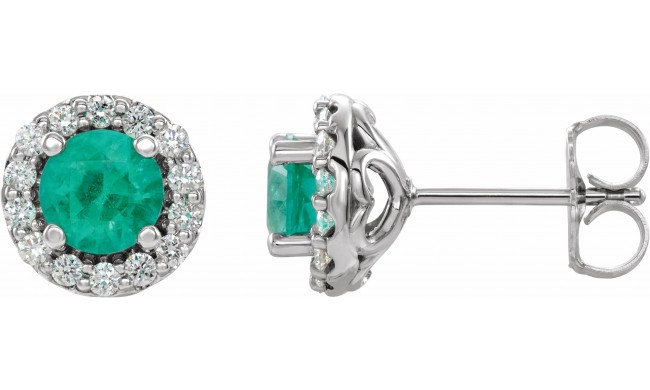 14K White 4 mm Round Emerald & 1/8 Diamond Earrings