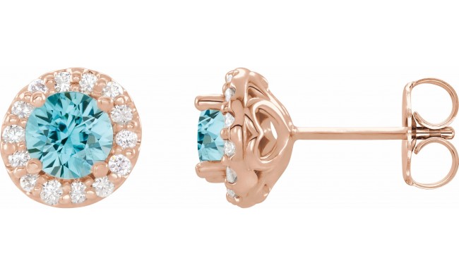 14K Rose 4 mm Round Blue Zircon & 1/8 Diamond Earrings
