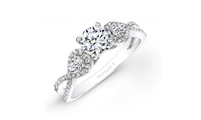 14k White Gold White Diamond Twisted Shank Engagement Ring with Pear Shaped Side Stones