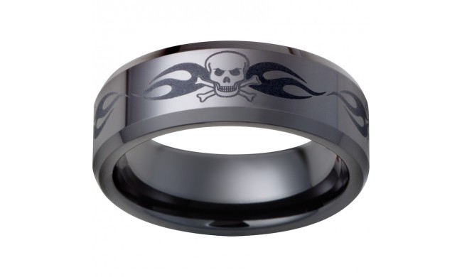 Black Diamond Ceramic Beveled Edge Band with Skull Laser Engraving