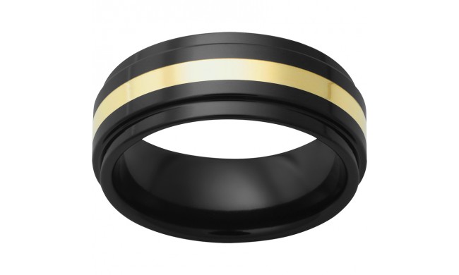 Black Diamond Ceramic Flat Band with Grooved Edges and 2mm 18k yellow gold Inlay