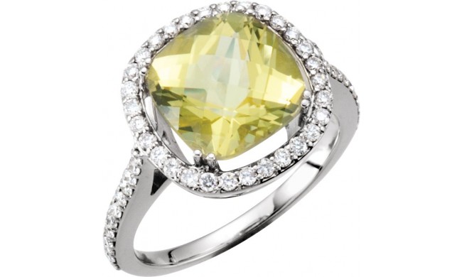 14K White 1/2 CTW Diamond & 10x10 mm Lemon Quartz Ring