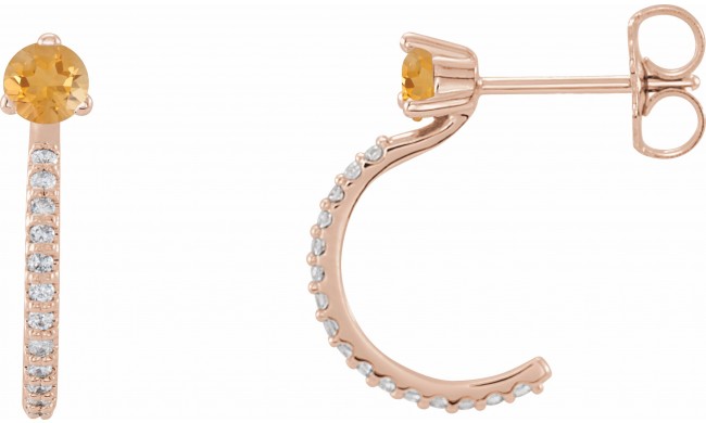 14K Rose Citrine & 1/6 CTW Diamond Hoop Earrings