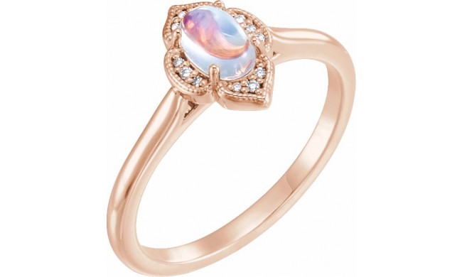 14K Rose Rainbow Moonstone & .03 CTW Diamond Clover Cabochon Ring