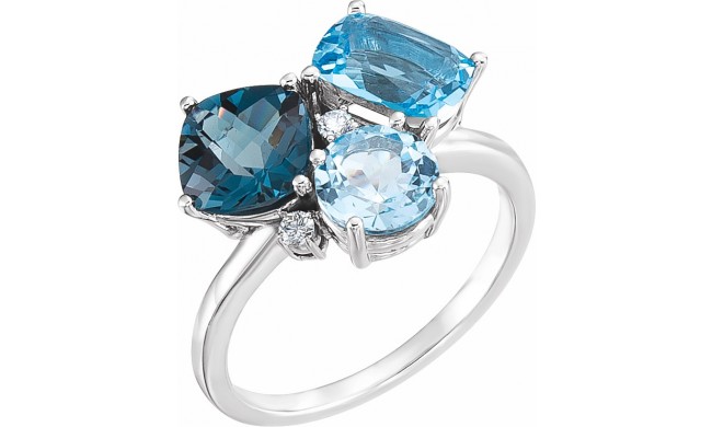 14K White Swiss, London, & Sky Blue Topaz & .05 CTW Diamond Ring