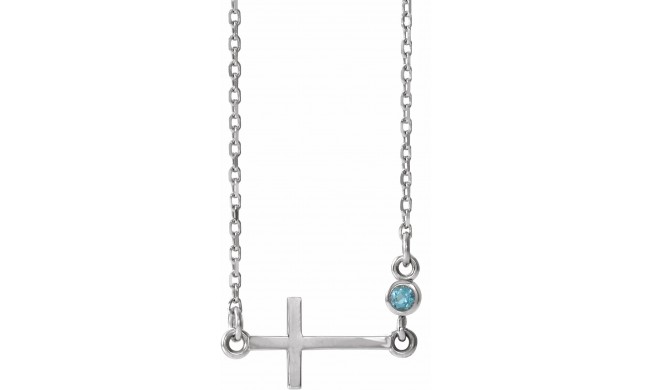 14K White Aquamarine Sideways Cross 16-18 Necklace
