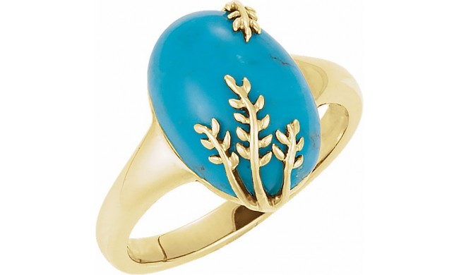 14K Yellow 14 x 10 mm Chinese Turquoise Leaf Design Ring