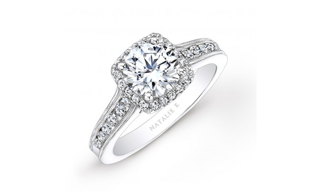 18k White Gold Pave Halo Diamond Engagement Ring with Milgrain