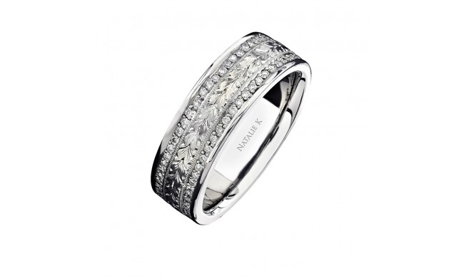 14k White Gold Hand Engraved Diamond Men's Band