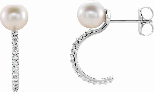 14K White Freshwater Cultured Pearl & 1/6 CTW Diamond Hoop Earrings