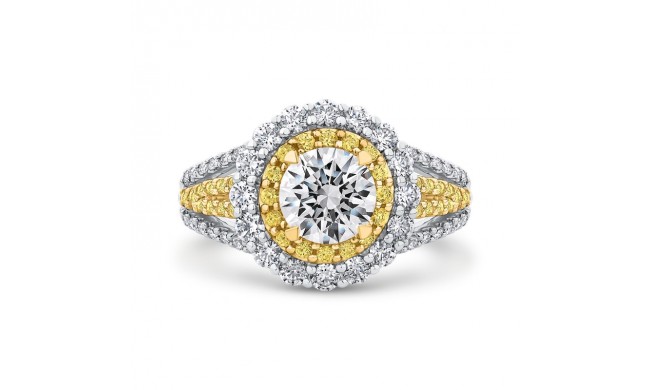 Shah Luxury 14K Two Tone Gold Round Diamond Double Halo Engagement Ring with Split Shank (Semi-Mount)