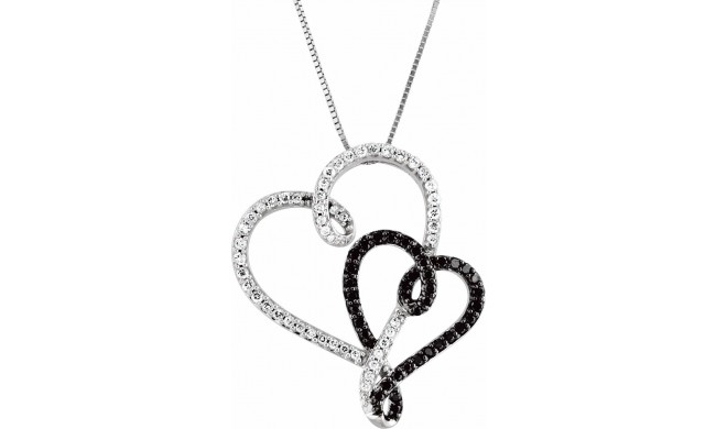14K White & Black Rhodium Plated 1/2 CTW Black & White Diamond Double Heart 18 Necklace