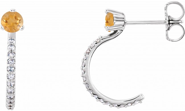 14K White Citrine & 1/6 CTW Diamond Hoop Earrings