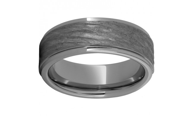 Rugged Tungsten  8mm Flat Grooved Edge Band with Bark Finish