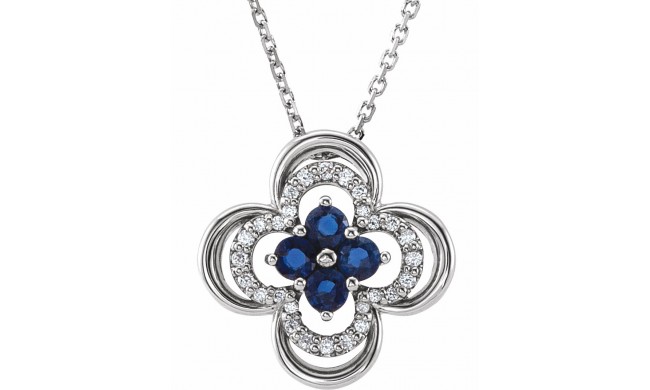 14K White Blue Sapphire & 1/10 CTW Diamond Clover 18 Necklace