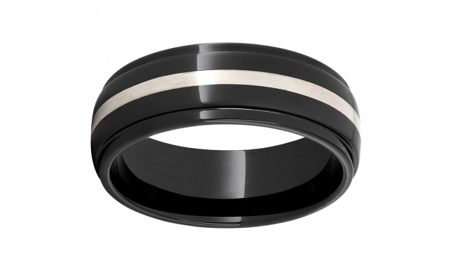 Black Diamond Ceramic Domed Band with Grooved Edges and Sterling Silver Inlay