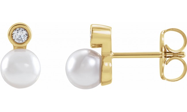 14K Yellow Akoya Cultured Pearl & 1/8 CTW Diamond Bezel-Set Earrings