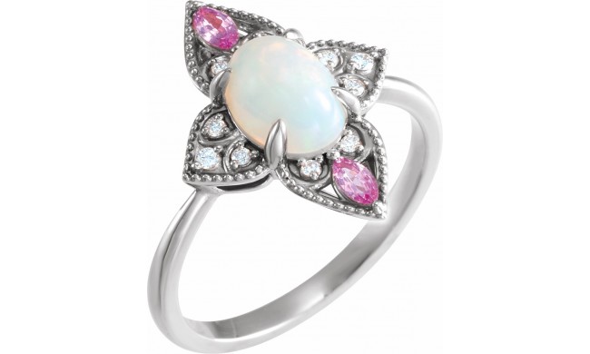 14K White Ethiopian Opal, Pink Sapphire & .05 CTW Diamond Vintage-Inspired Ring