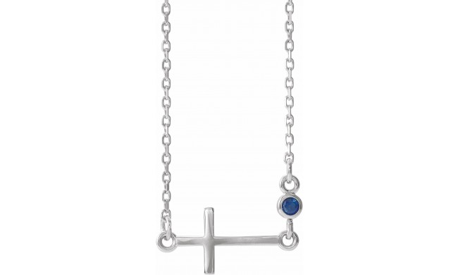 14K White Blue Sapphire Sideways Cross 16-18 Necklace