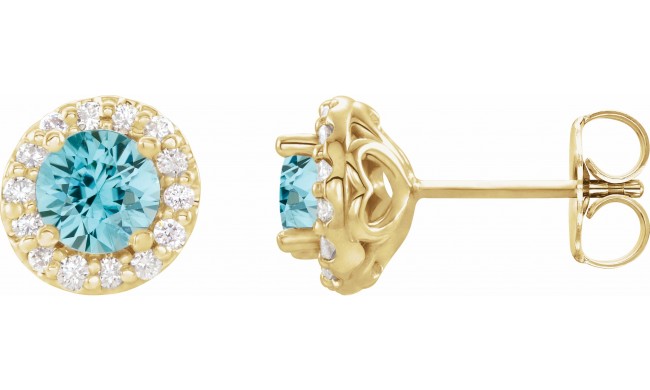 14K Yellow 4 mm Round Blue Zircon & 1/8 Diamond Earrings