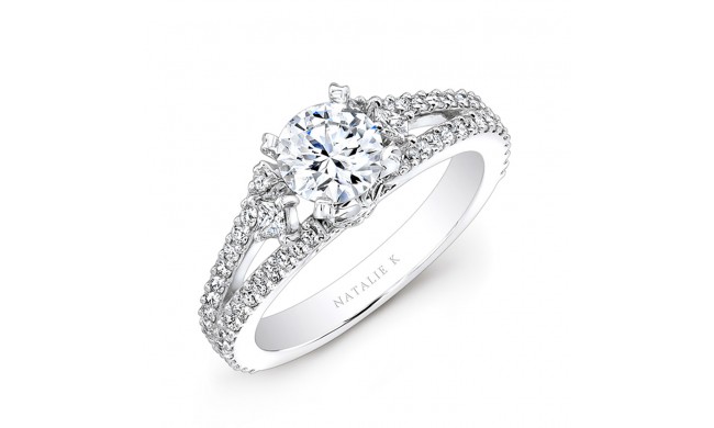 18k White Gold Split Shank Pave Diamond Semi Mount Engagement Ring with Side Trapezoid Diamonds