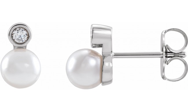 14K White Akoya Cultured Pearl & 1/8 CTW Diamond Bezel-Set Earrings