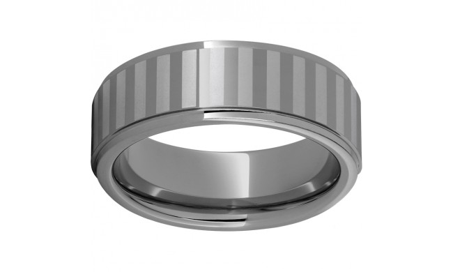 Rugged Tungsten  8mm Flat Grooved Edge Band with Vertical Laser Satin Stripes